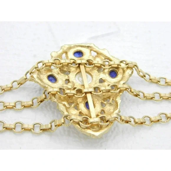 VTG Gold Tone Faux Blue Lapis Lazuli Pearl Etruscan Byzantine Style Bracelet